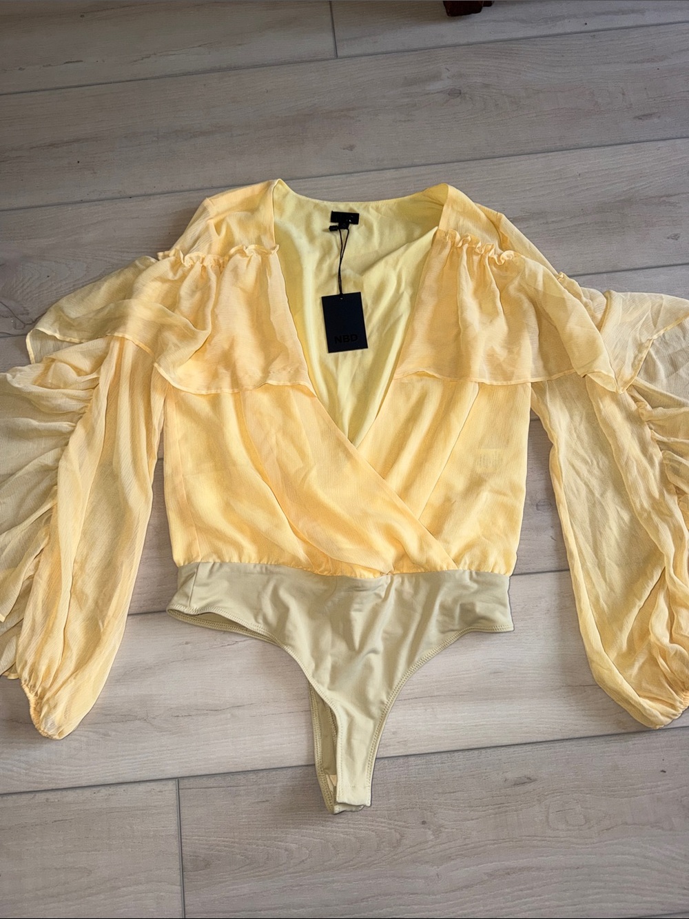 NBD Yellow Ruffle Wrap Bodysuit Long Sleeve Top From Revolve Medium Womens
